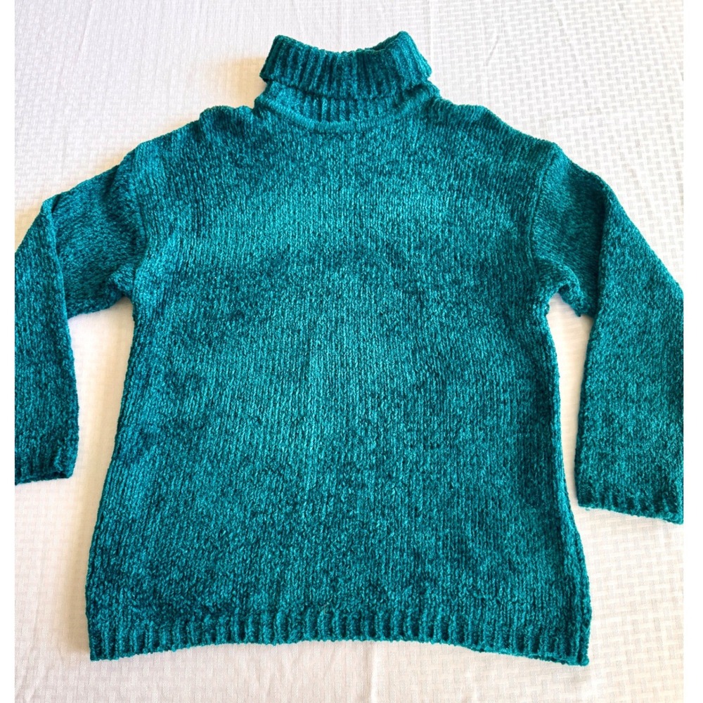 Pierre Cardin Vintage Chenille Turtleneck Sweater Teal Knit Top Large 90s Retro